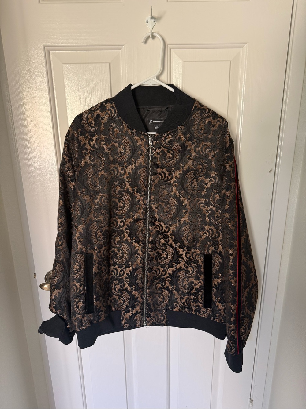 INC International Concepts Black and Bronze Brocade Bomber Jacket